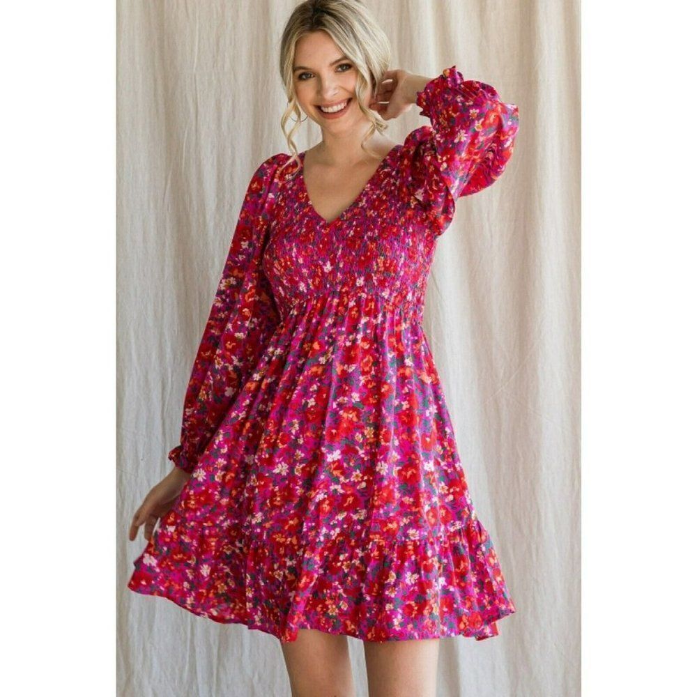 JODIFL Fuchsia Floral Pink Smocked Front Ruffle Trim Dress Fall New S-L G5392-2 - Picture 1 of 8